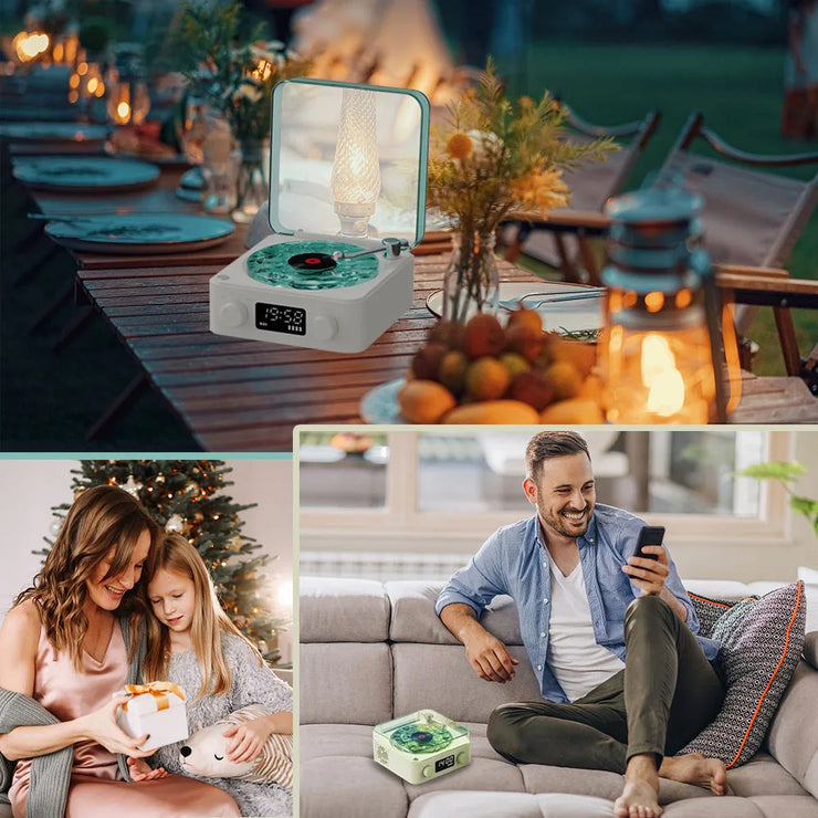 Retro Bluetooth Turntable Speaker – Wireless Vinyl Record Player with Stereo Sound, White Noise & RGB Projection Light